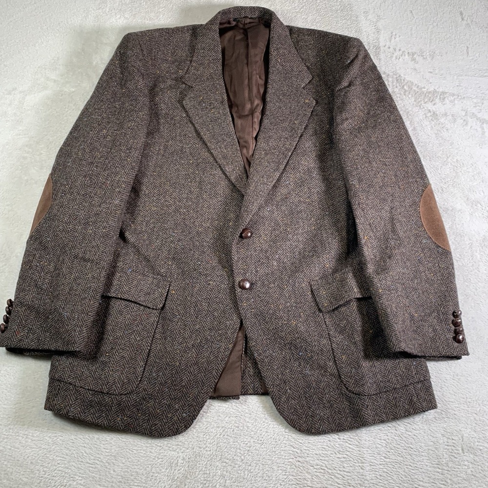 Vtg Mens 44L Brown Herringbone Wool Tweed Mens Blazer Suit Jacket Sport Coat